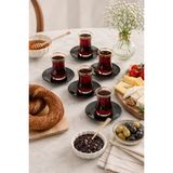Sudedi Home 6 Kişilik Gold Yaldızlı Cam Çay Bardağı Takımı 12 Parça Siyah Porselen Çay Tabağı Seti - Siyah - Altın - 100 - 200 ml