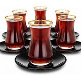 Sudedi Home 6 Kişilik Gold Yaldızlı Cam Çay Bardağı ve Siyah Porselen Çay Tabağı Takımı 12 Parça Şık Sunum Seti - Siyah - Altın - 100 - 200 ml