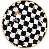 Sudedi Home Gerçek Altın Yaldızlı Cam Pasta Tabağı 21 cm Siyah Beyaz Dama Desenli 1 Kişilik Set - Beyaz - Altın