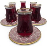 Sudedi Home Gerçek Altın Yaldızlı Pembe Desenli 6’lı Cam Çay Bardağı Seti - Pembe - Altın - 150 ml