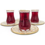 Sudedi Home Gold Yaldızlı Çay Bardağı Seti 4 Kişilik – Porselen Tabaklı | Hediyeli - Renkli - 150 ml