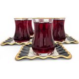 Sudedi Home Gold Yaldızlı Çay Bardağı Seti 6 Kişilik Porselen Tabaklı - Renkli - 150 ml