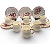 Sudedi Home Kırmızı Beyaz Desenli Porselen 6 Kişilik Türk Kahvesi Fincan Takımı - Gold - Beyaz - 90 ml