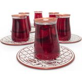 Sudedi Home Osmanlı Desenli Bakır Yaldızlı Bordo Cam Bardaklı Porselen Tabaklı 6’lı Çay Bardağı Seti - Renkli - 150 ml