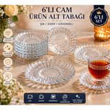 SUDELA 6’lı Şeffaf Cam Çay Kahve Altlığı – Vintage Desenli Sunum Tabağı – İkramlık Servis Seti