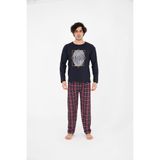 sudem Erkek Ekose Yazlık Uzun Kollu Pamuklu Pijama Takımı - 09L-Lacivert - 2XL