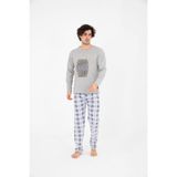 sudem Erkek Ekose Yazlık Uzun Kollu Pamuklu Pijama Takımı - Açık Gri - 2XL