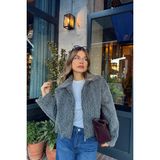 Sue Store Antrasit Gömlek Yaka Kürk Dokulu Astarlı Bomber Ceket - XL