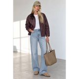 Sue Store Bordo Kadife Yaka Ekose Astarlı Oversize Yağlı Ceket