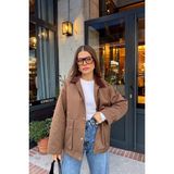 Sue Store Kahverengi Kadife Yakalı Fermuarlı Oversize Kapitone Gabardin Ceket