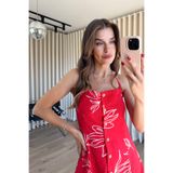Sue Store Kırmızı Beyaz Çiçek Desenli Boyundan Bağlamalı Gömlek Elbise