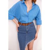 Sue Store Mavi Asimetrik Yırtmaçlı Kot Etek - Koyu Mavi - 36