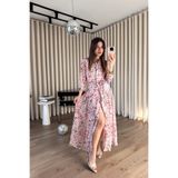 Sue Store Pembe Çiçek Desenli Astarlı Kuşaklı Maxi Boy Şifon Gömlek Elbise