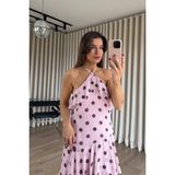 Sue Store Pembe Kahve Puantiyeli Sırt Dekolteli Boyundan Bağlamalı Astarlı Şifon Elbise - Pembe - Kahve