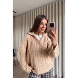 Sue Store Pudra Fermuarlı Saç Örgü Kazak - Standart