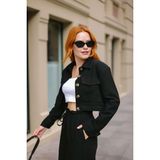 Sue Store Siyah Astarlı Vatkalı Keten Dokulu Crop Ceket - M