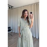 Sue Store Yeşil Beyaz Çizgili Kuşaklı Gömlek Elbise