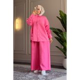 Suede Style 5158 - Şık Rahat Luna Çizgili Salaş Kadın Gömlek Pantolon Takım