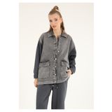 Suede Style 5361 - Kolu Penye Detaylı Rahat Şık Kadın Kot Ceket
