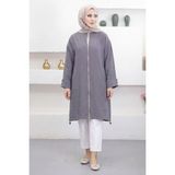 Suede Style 6346 - Rahat Fermuarlı Cepli Kol Düğme Detaylı Uzun Tunik Kap - L - XL - Antrasit