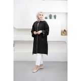 Suede Style 6346 - Rahat Fermuarlı Cepli Kol Düğme Detaylı Uzun Tunik Kap - L - XL - Siyah