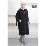 Suede Style 6348- Rahat Şık Fermuarlı Cepli Kol Bağlama Detaylı Yumuşak Tencel Kumaş Uzun Kapüşonlu Kadın Tunik - L - XL - Siyah