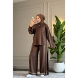 Suede Style 6498 - Şık Rahat Viskon Yumuşak İnterlok Örgü Kumaş, Pantolon Şerit Detaylı Kadın Altüst Takım