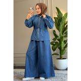 Suede Style 6519 - Rahat Salaş İnce Bel Büzgü Detaylı Kadın Kot Ceket Pantolon Takımı