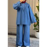 Suede Style 6564 - Şık Rahat Ince Yumuşak Kot Kumaş Kadın Pantolon Tunik Takımı - L - XL - Mavi