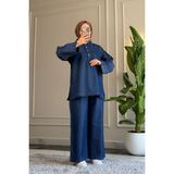 Suede Style 6564 - Şık Rahat Ince Yumuşak Kot Kumaş Kadın Pantolon Tunik Takımı - S - M - Lacivert