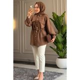 Suede Style 9102 - Şık Rahat Düğme ve Bel Bağlama Detaylı Dokuma Kadın Gömlek - L - XL - Kahverengi