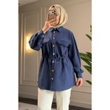 Suede Style 9102 - Şık Rahat Düğme ve Bel Bağlama Detaylı Dokuma Kadın Gömlek - L - XL - Lacivert