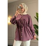Suede Style 9102 - Şık Rahat Düğme ve Bel Bağlama Detaylı Dokuma Kadın Gömlek - S - M - Mürdüm