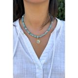 Suerte Accessories El Yapımı Çelik Güneş Sembol Uçlu Akuamarin Doğal Taş Özel Tasarım Kadın Doğaltaş Kolye