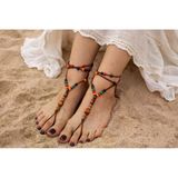 Süet Barefoot Sandal Renkli Ahşap Boncuklu Çift Halhal