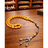 Sufi Tesbih Esans Ve Hediyelik Sıkma Kehribar Tesbih - 11X7 mm - Özel Tasarım Gümüş Kaplama Püsküllü - Şık ve Koleksiyonluk Tesbih - Turuncu