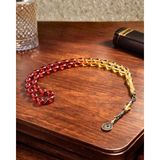 Sufi Tesbih Esans Ve Hediyelik Sıkma Kehribar Tesbih 12X8 mm Arpa Kesim Kırmızıdan Sarıya Geçişli Gümüş Kaplama Püsküllü Premium Tesbih - Sarı - Kırmızı