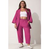 SUHIS Büyük Beden Pembe Kimono Pantolon Örme Takım
