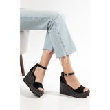 Suins Shoes Suins Guessa Hasır Desenli Kadın Dolgu Taban Sandalet Ayakkabı - Siyah