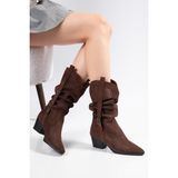 Suins Shoes Suins Wazy Model Kadın Delikli Western Yazlık Çizme Süet Deri Kahve Renk 5,5 cm Topuklu