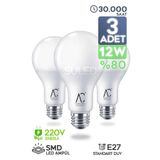 SULED 12w Led Ampül E27 3'lü Paket Beyaz Işık Güçlü Aydınlatma Smd Led 6500k Tasarruflu Lamba