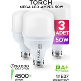 Suled 50W Torch Büyük Ampül 3 Adet Ultra Güçlü LED Işık Tasarruflu 4500LM 6500K Beyaz Işık Büyük Ampül E27