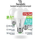 Suled Hareket Sensörlü LED Lamba 3 Adet Ampül Beyaz Işık 12W A++ %80 Tasarruflu Otomatik Yanıp Söner