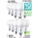Suled LED Ampül 10 Adet 9W Smd Süper LED Beyaz Işık 810LM 6500K Tasarruflu Lamba