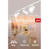 SULED Spot Işık 3'lü Set Beyaz Led Işıklı Beyaz Kasa 30w 1 Metre Raylı 3 Adet Ray Spot Lamba Armatür