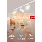 SULED Spot Işık 3'lü Set Led Gün Işığı Beyaz Kasa 20w 1 Metre Raylı 3 Adet Ray Spot Lamba Armatür
