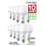 SULED Tasarruflu Led Ampül 10'lu Paket 15w Güçlü Aydınlatma Smd Led Beyaz Işık 6500k E27 Standart Lamba