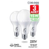 SULED Tasarruflu Led Ampül 3'lü Set 15w Yüksek Lümen Gücü Smd Led Beyaz Işık 6500k E27 Standart Lamba