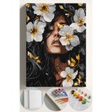 Su'lepas Sayılarla Boyama Seti Numaralı Tuval Fırça Boya 40x50 Cm - BEYAZ ÇİÇEK SİYAH KADIN