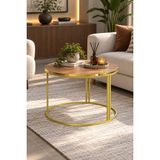 Sulora Home Sulorahome Ceviz Desenli Yuvarlak Orta Sehpa Gold Metal Ayaklı 70 cm